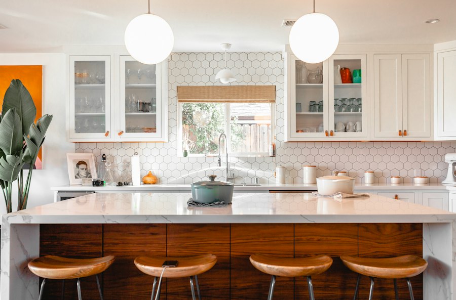Organized kitchen counter with useful storage pieces